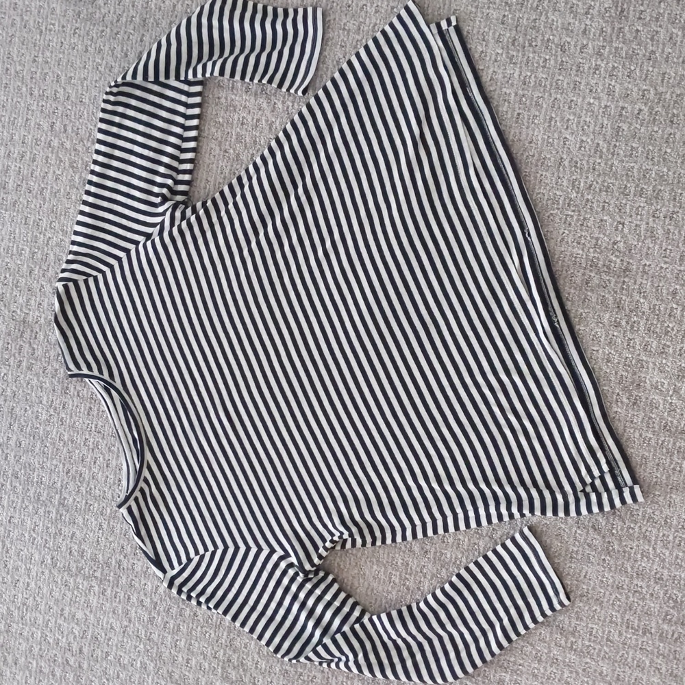 100% Pima Cotton Classic Black & White Striped 3/4 Sleeve Shirt, Size L